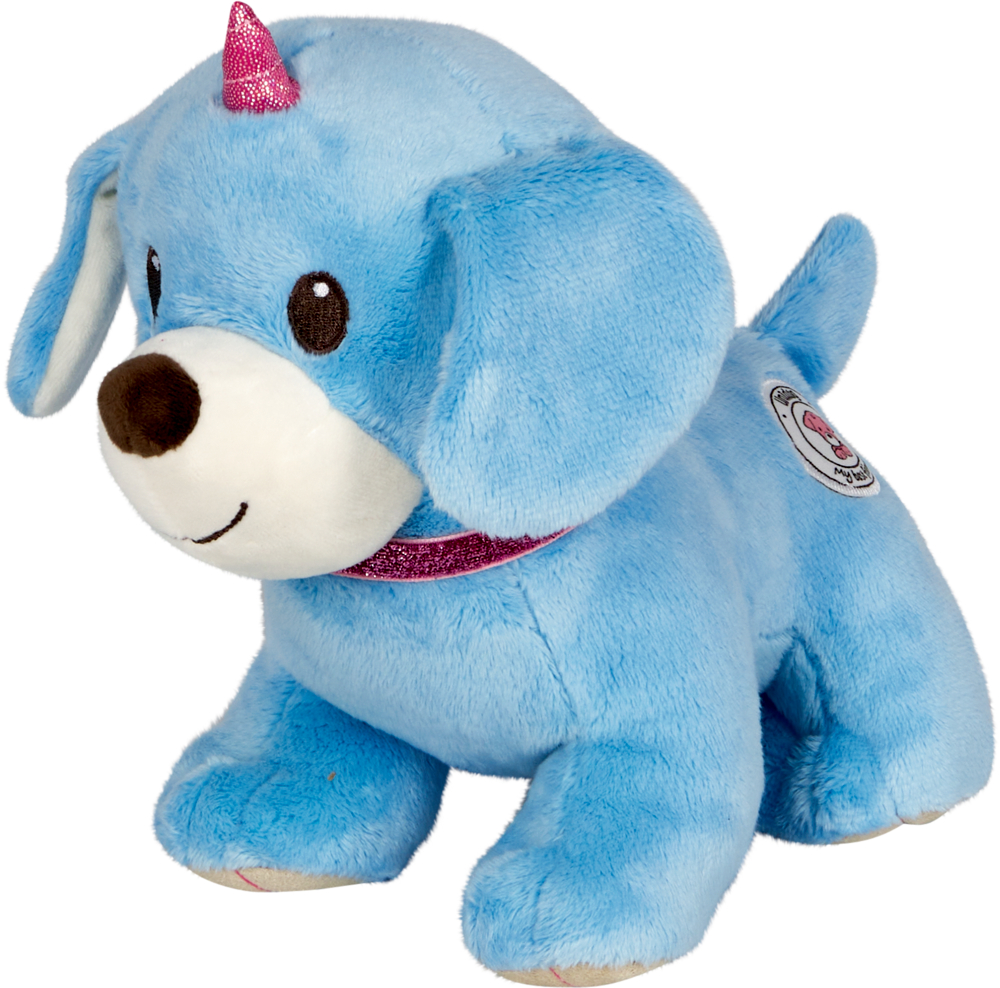 Blauer Plüschhund mit pinkem Einhorn, braunen Augen und lächelndem Gesicht, trägt glitzerndes pinkes Halsband.