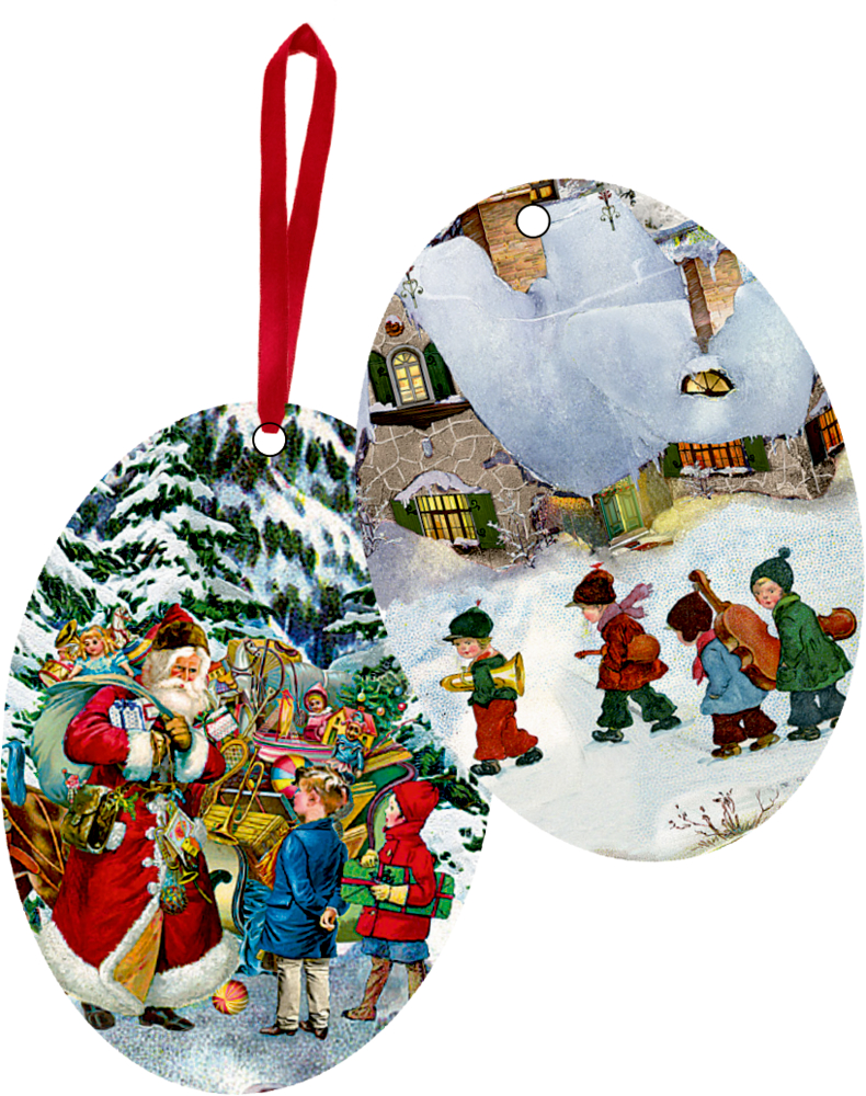 Zwei ovale Vintage-Weihnachtsanhänger: Weihnachtsmann mit Kindern und Kinder, die auf ein verschneites Haus zugehen.