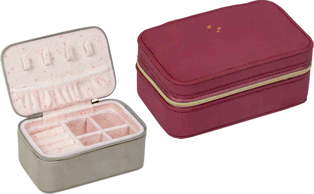 Zwei kleine Schmuckkästchen in Pink und Grau: eins offen mit Fächern, eins geschlossen.