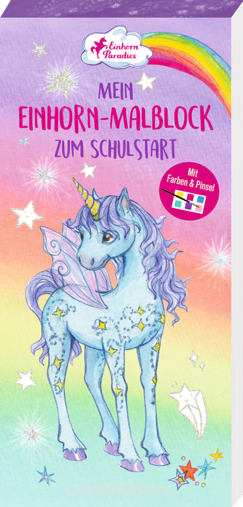 Ein blaues Einhorn mit Sternen steht auf einem Regenbogenhintergrund mit Glitzereffekten und Text zu einem Ausmalbuch.