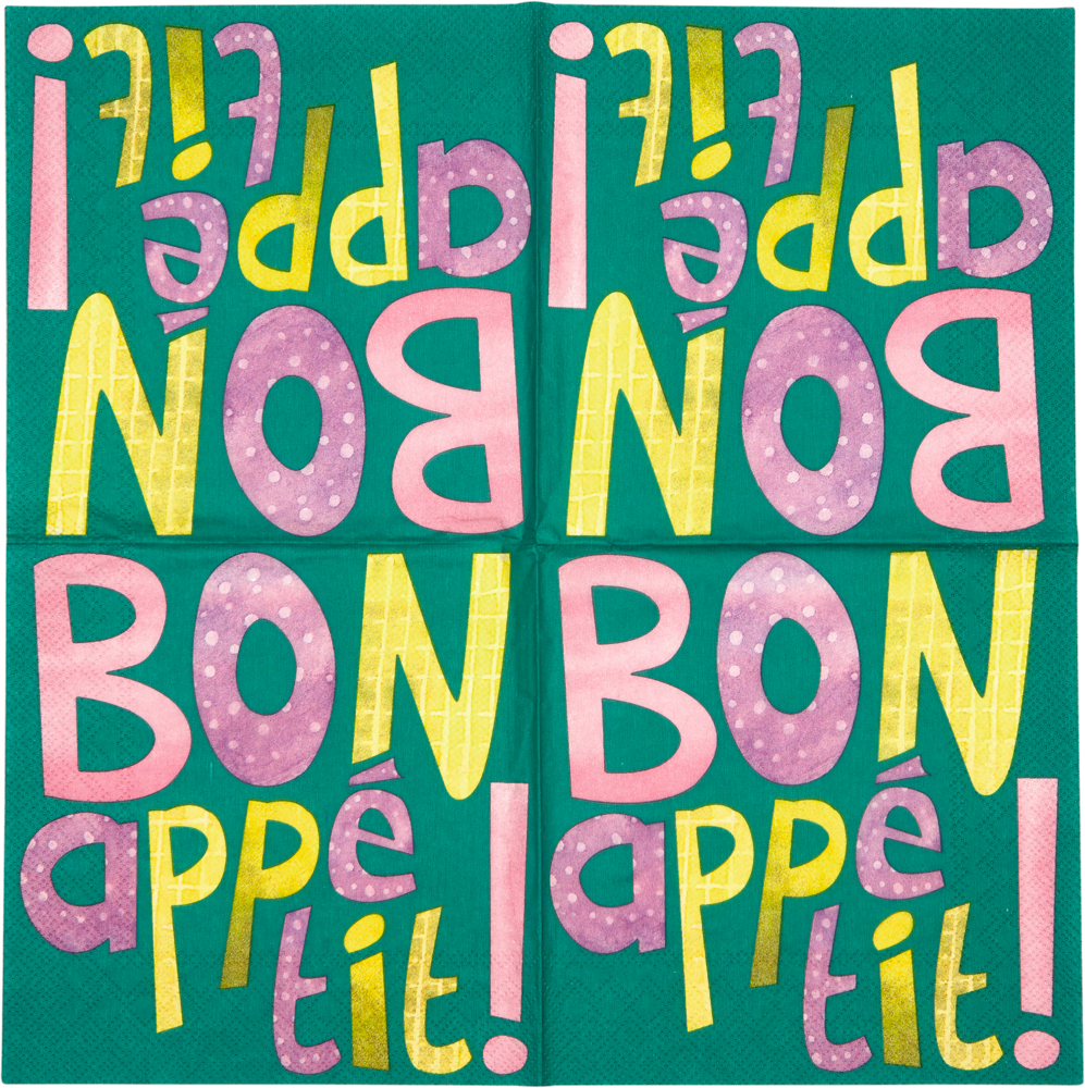 Bunte Servietten (aufgeklappt) mit dem Schriftzug BON APPÉTIT! in gelben und pinken Buchstaben auf grünem Hintergrund.