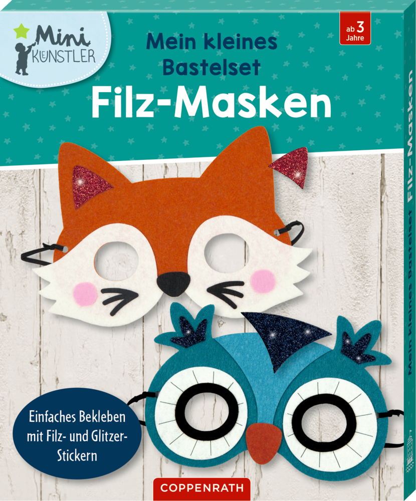Zwei Filzmasken, eine Fuchsmaske und eine Eulenmaske, mit Bastelmaterial für Kinder ab 3 Jahren von Coppenrath.