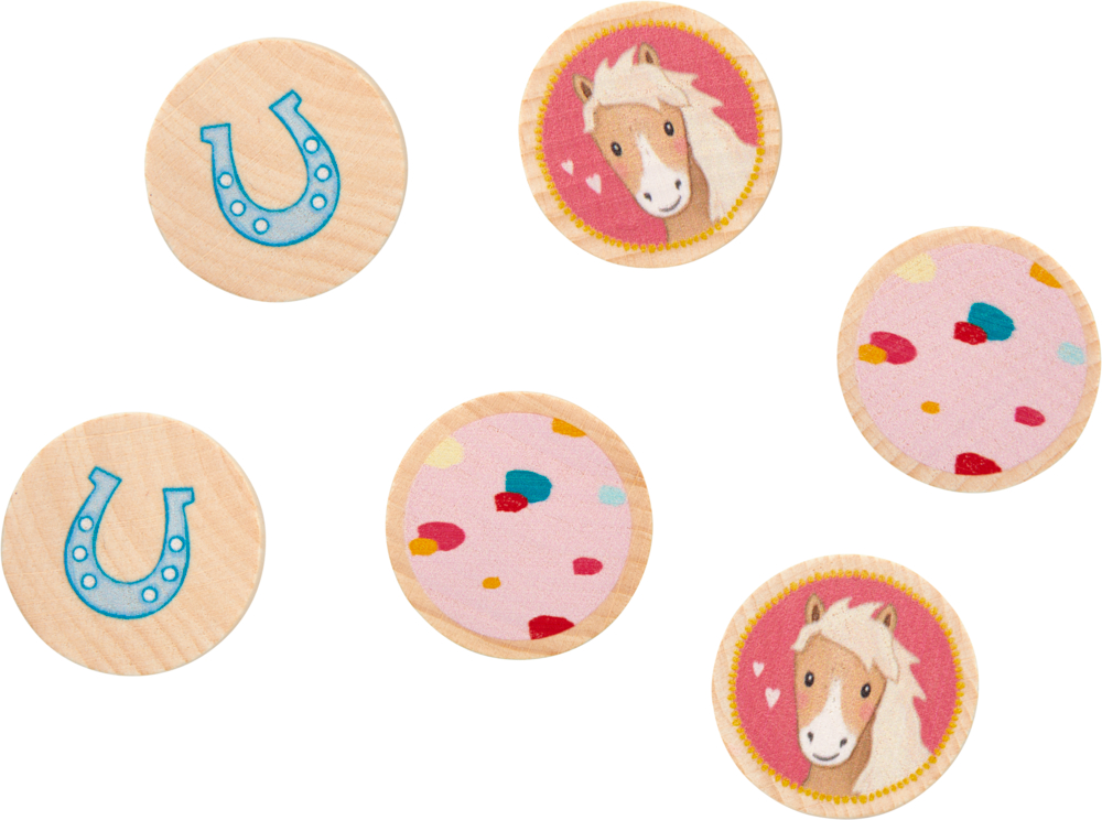 Set aus sechs runden Holzspielmarken mit Pferden, Hufeisen und bunten Punktmustern.