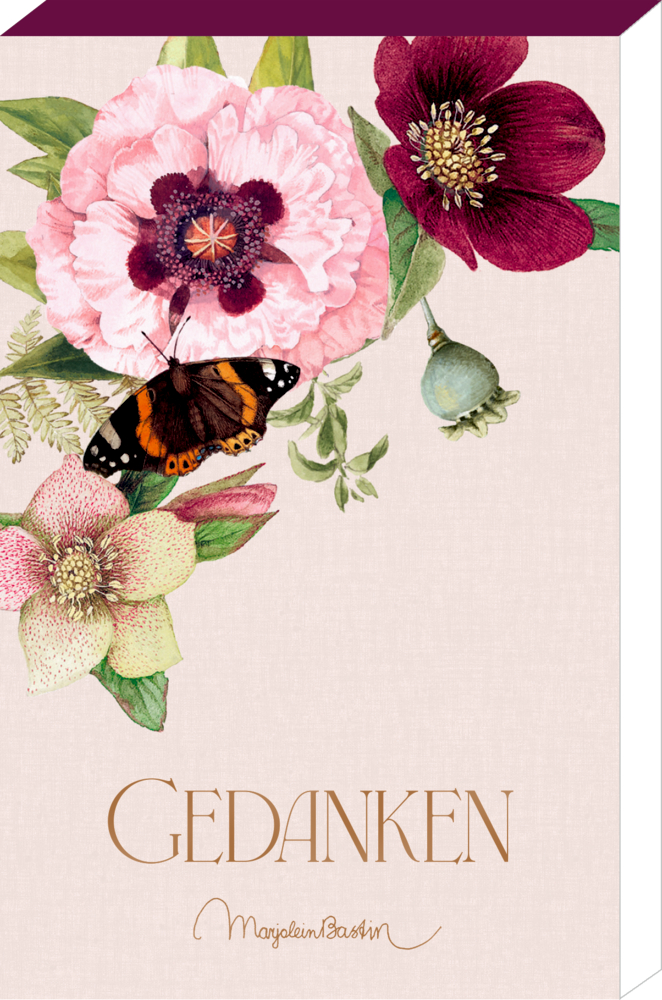 Notizblöckchen mit Blumen- und Schmetterlingsillustration über dem Schriftzug „GEDANKEN“, darunter Signatur „Marjolein Bastin“.