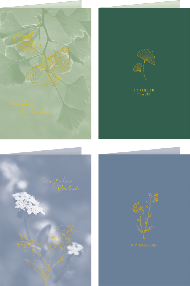 Grußkarte: Ein stiller Gruß - Trauerkarte Vier florale Trauerkarten mit deutschen Kondolenzbotschaften in Gold auf grünem und blauem Hintergrund.