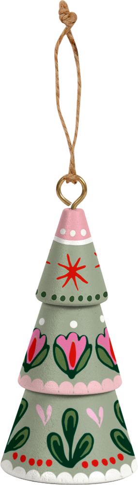 An einer Schnur hängt ein grüner Christbaumschmuck in Tannenform mit roasa Blumenmuster.