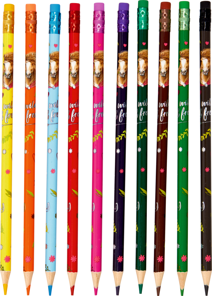 Zehn bunte Bleistifte mit Tiermotiven und Radiergummis, ordentlich aufgereiht, mit nach unten gerichteten Spitzen.