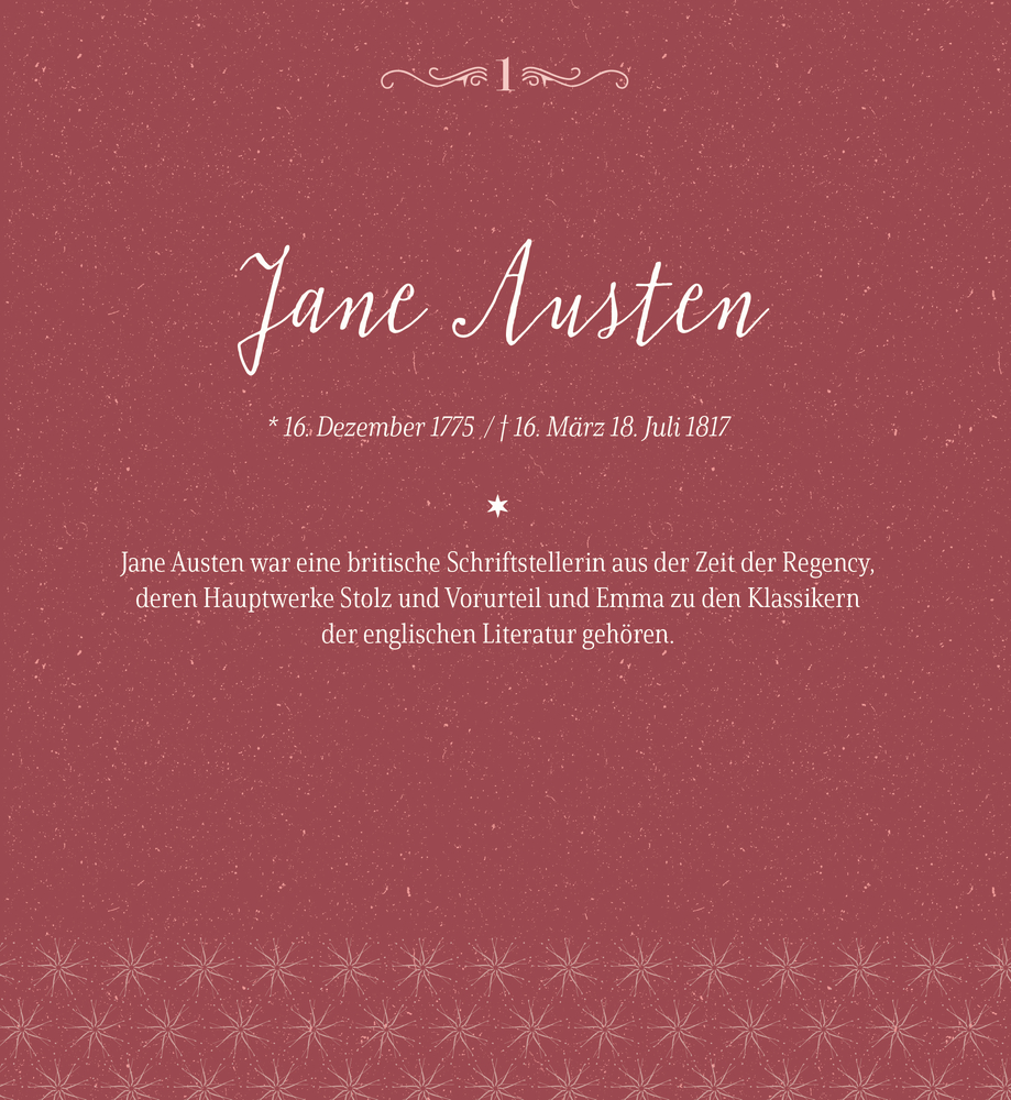 Weinroter Hintergrund mit Jane Austen Text.