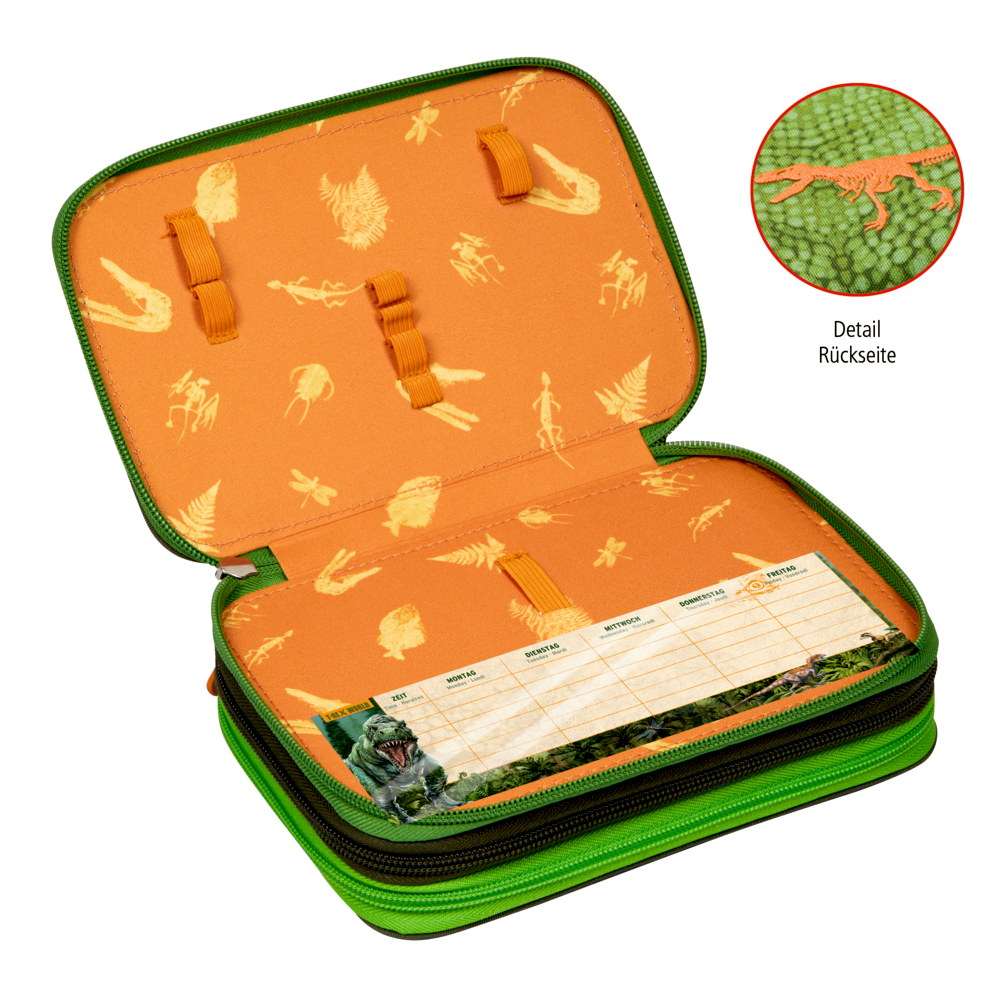 Aufgeklapptes orange-grünes Federmäppchen mit Dinosaurier- und Pflanzenaufdrucken, Zeitplan im Inneren und Nahaufnahme der Texturdetails.