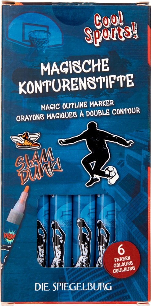 Magic Outline Marker Pens – Box mit Basketball- und Fußball-Designs. Text in 4 Sprachen.