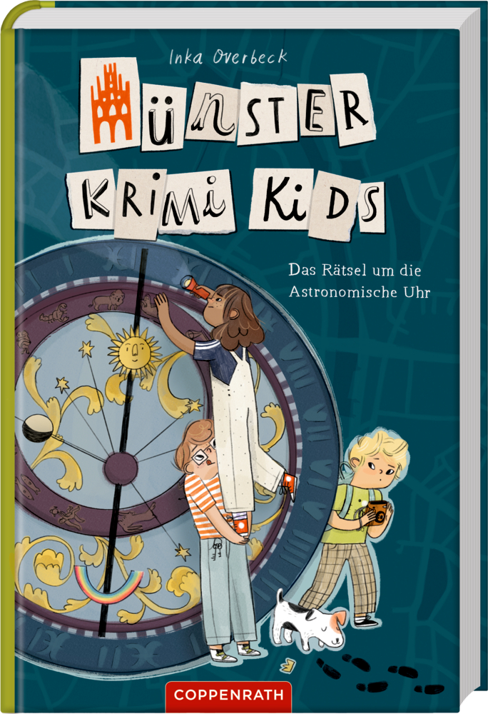 Münster Krimi Kids (Bd. 2) Drei Kinder erkunden eine riesige astronomische Uhr, eines benutzt eine Lupe und ein anderes zeigt auf die Uhr, auf dem Cover von "Münster Krimi Kids".