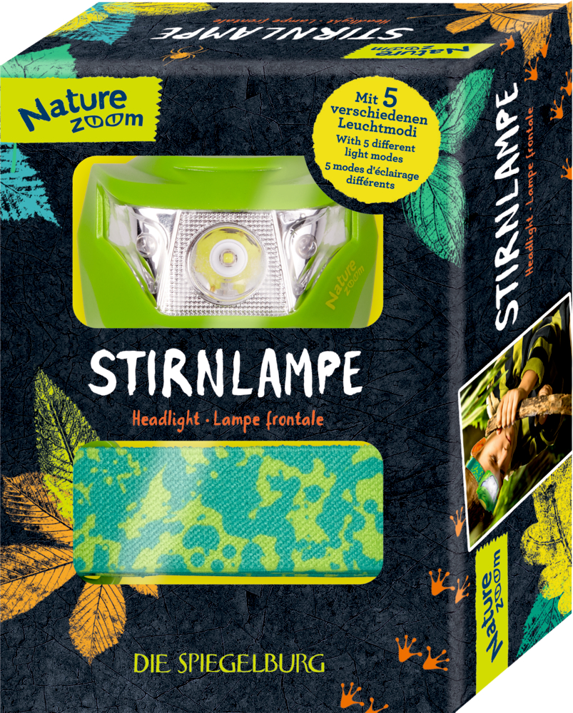 Grüne Nature Zoom-Stirnlampe in einer Verpackung mit buntem Blätterdesign, mit deutschem und englischem Text.