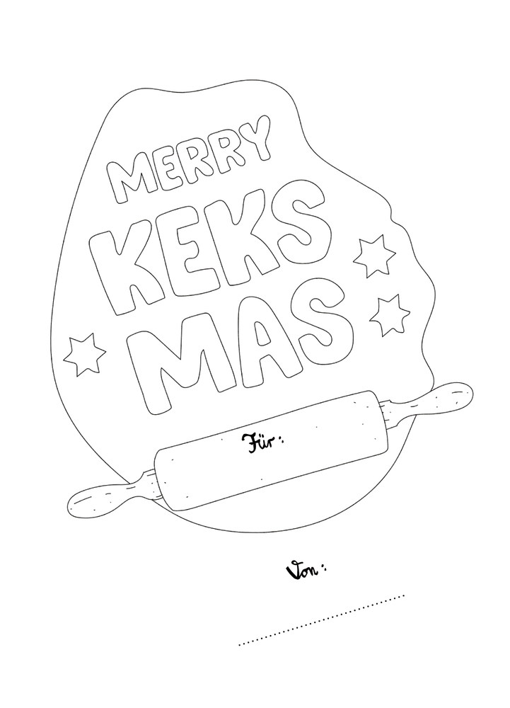 Schwarz-weiße Malvorlage „Merry Keksmas“ mit einem Nudelholz mit der Aufschrift „Für“ und einer gepunkteten Linie für „Von“.
