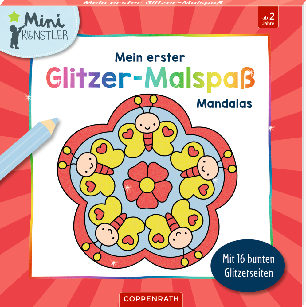 Mein 1. Glitzer-Malspaß: Mandalas (Mini-Künstler) Buntes Mandala-Cover mit Smileys, Herzen und Kreisen auf rotem Hintergrund.