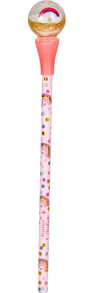 Rosa Stift mit Regenbogenmuster und einer kleinen Schneekugel mit Glitzer und Regenbogenmotiv im Inneren.