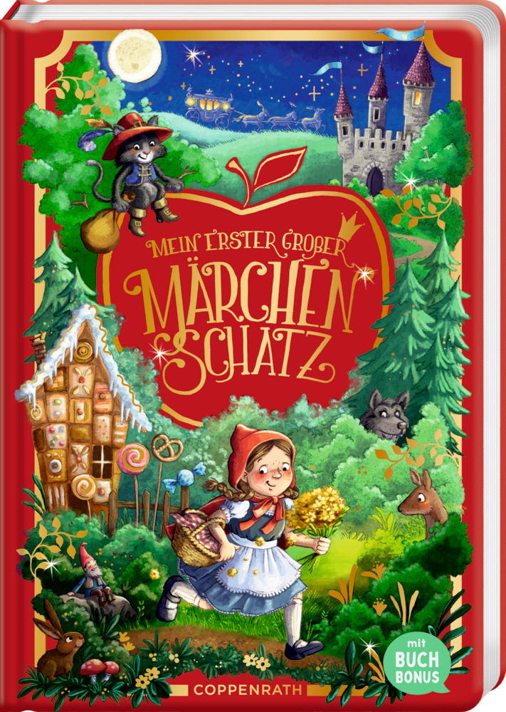 Mein erster großer Märchenschatz (Buchbonus) Märchenbuchcover mit dem Titel "Mein erster großer Märchenschatz" Rotkäppchen, der gestiefelte Kater, ein Lebkuchenhaus und ein Schloss in leuchtenden Farben, darauf abgebildet.