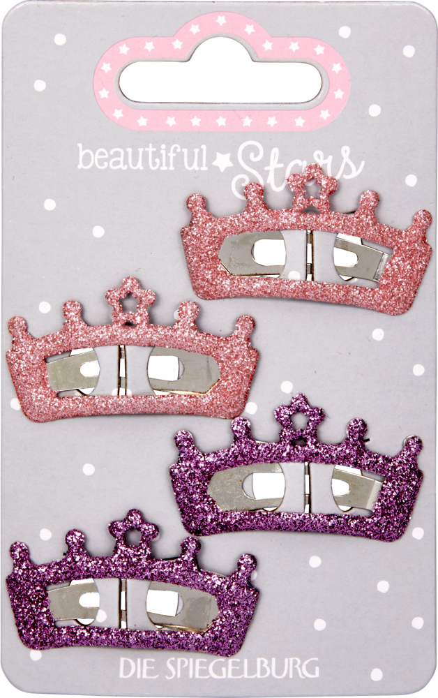 Haarclips Glitzerkrone no.3 - beautiful Stars Vier glitzernde Kronen-Haarspangen (2 rosa, 2 lila) auf gepunkteter Karte „Beautiful Stars“.