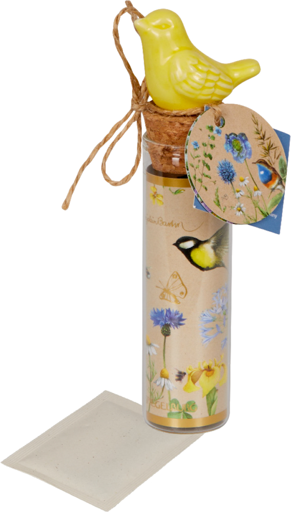 "Dekoratives Reagenzglas mit Wildblumen-Motiven, Korkdeckel, blumigem Geschenkanhänger und einem gelben Keramikvogel oben. "