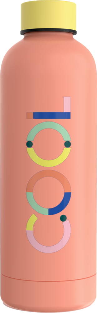 Isolierflasche, papaya - TO GO (ca. 0,5 l)  Rosa Isolierflasche mit gelbem Deckel; auf der Vorderseite verläuft vertikal ein farbenfroher geometrischer „Loop“-Text.