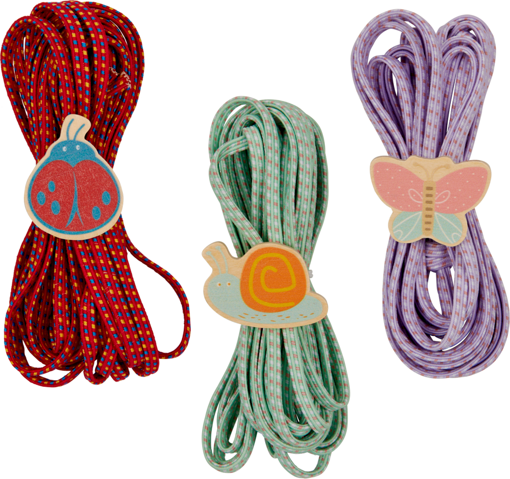 Gummitwist - Bunte Geschenke Drei bunte Gummibandbündel mit jeweils einer Holzklammer: Marienkäfer, Schnecke und Schmetterling.