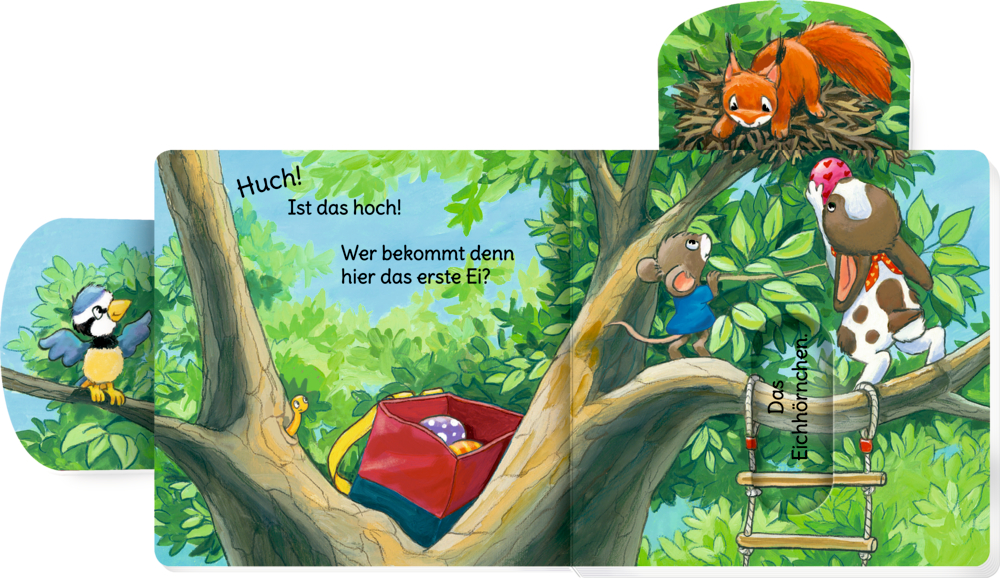 Ein Eichhörnchen, eine Maus und ein Vogel sitzen in einem Baum mit einem Korb Eier und einer herabhängenden Strickleiter.