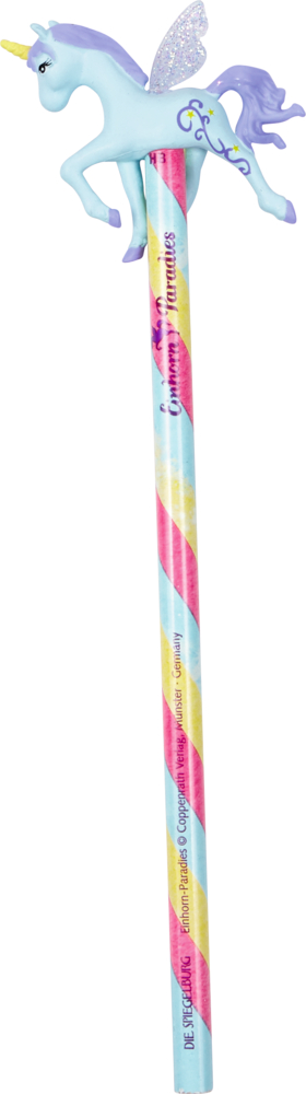 Ein bunter Bleistift mit einem hellblauen Aufsatz in Form eines Einhorn mit glitzernden Flügeln.