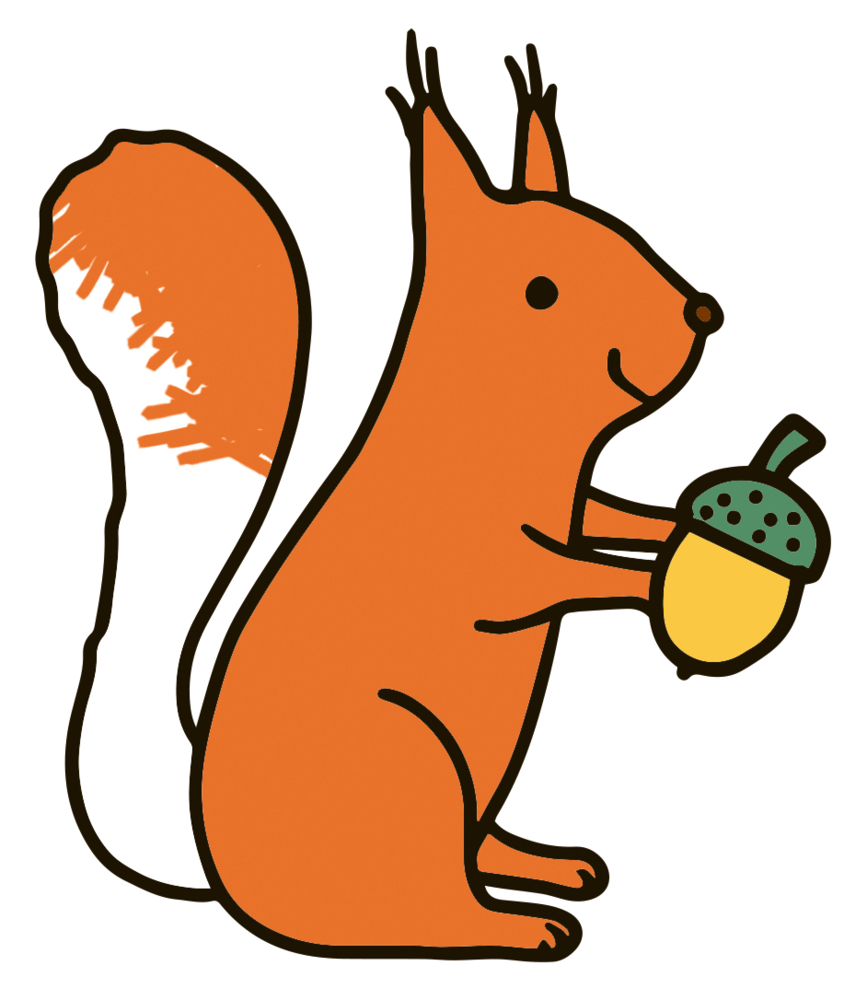 Ein gezeichnetes Eichhörnchen mit buschigem Schwanz hält eine gelbe Eichel in den Pfoten.