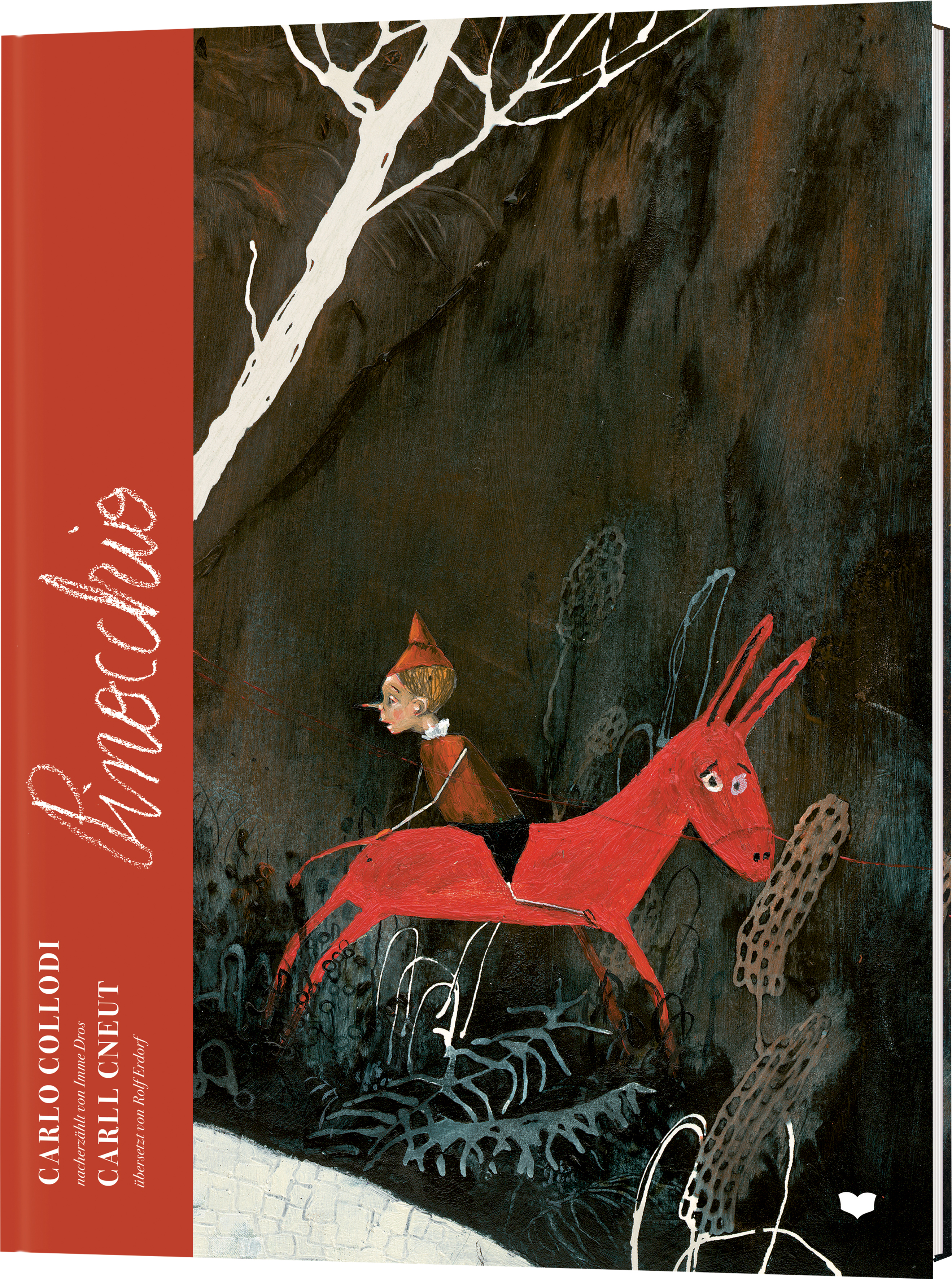 Pinocchio  Pinocchio reitet auf einem roten Esel durch eine dunkle, felsige Landschaft; Buchcover-Illustration.