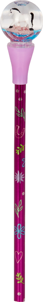 Rosa Stift mit Blumen und Herzen, gekrönt von einer durchsichtigen Kugel, in der sich ein kleines Einhorn befindet.