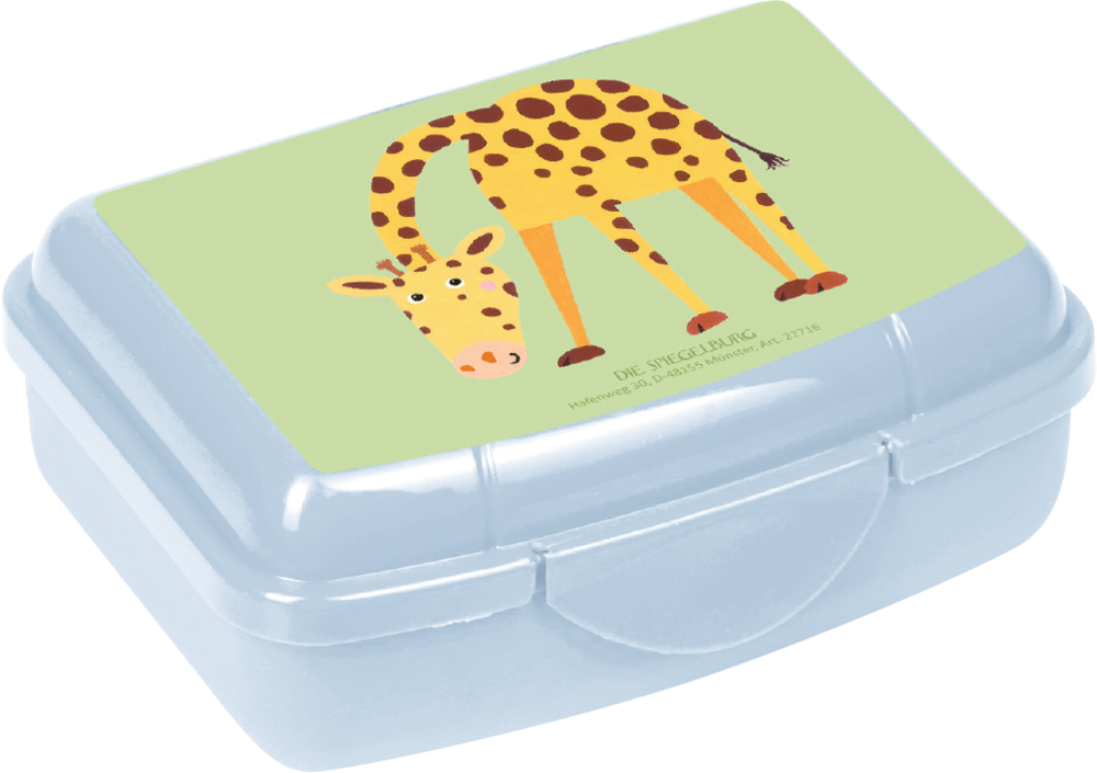 Kleine hellblaue Lunchbox mit einer Cartoon-Giraffe auf dem Deckel, abgebildet vor einem grünen Hintergrund.
