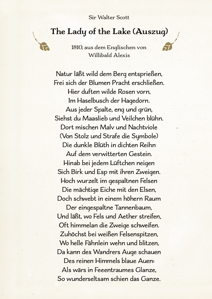 Beilage mit einem Ausschnitt aus dem Gedicht „Die Dame vom See“ auf Deutsch, schwarz auf cremefarbenem Hintergrund gedruckt.
