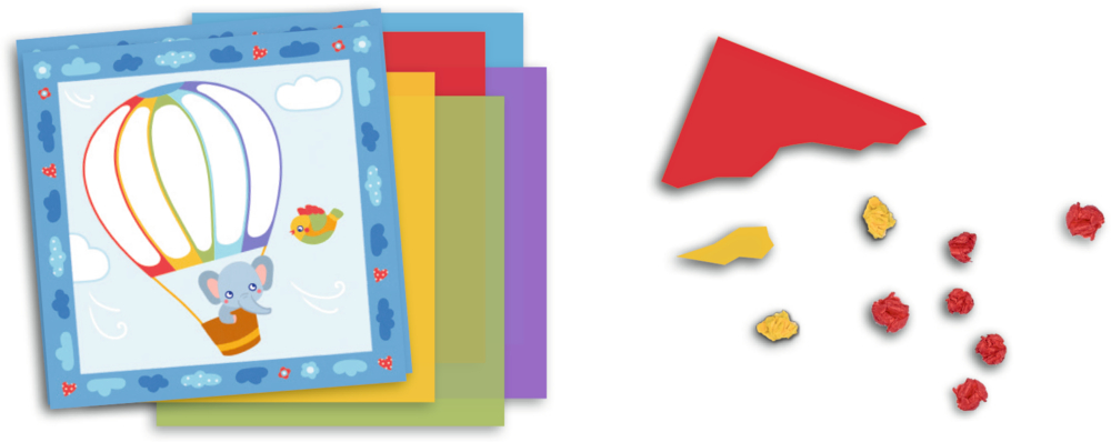 Gestapelte bunte quadratische Papiere mit zerrissenen roten und gelben Stücken auf weißem Hintergrund.