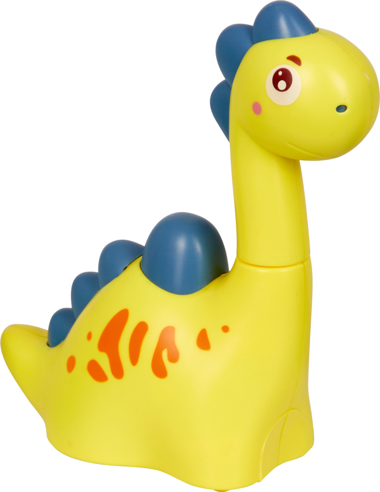 Gelber Spielzeugdinosaurier mit blauen Stacheln, orangefarbenen Flecken und einem süßen Gesicht.