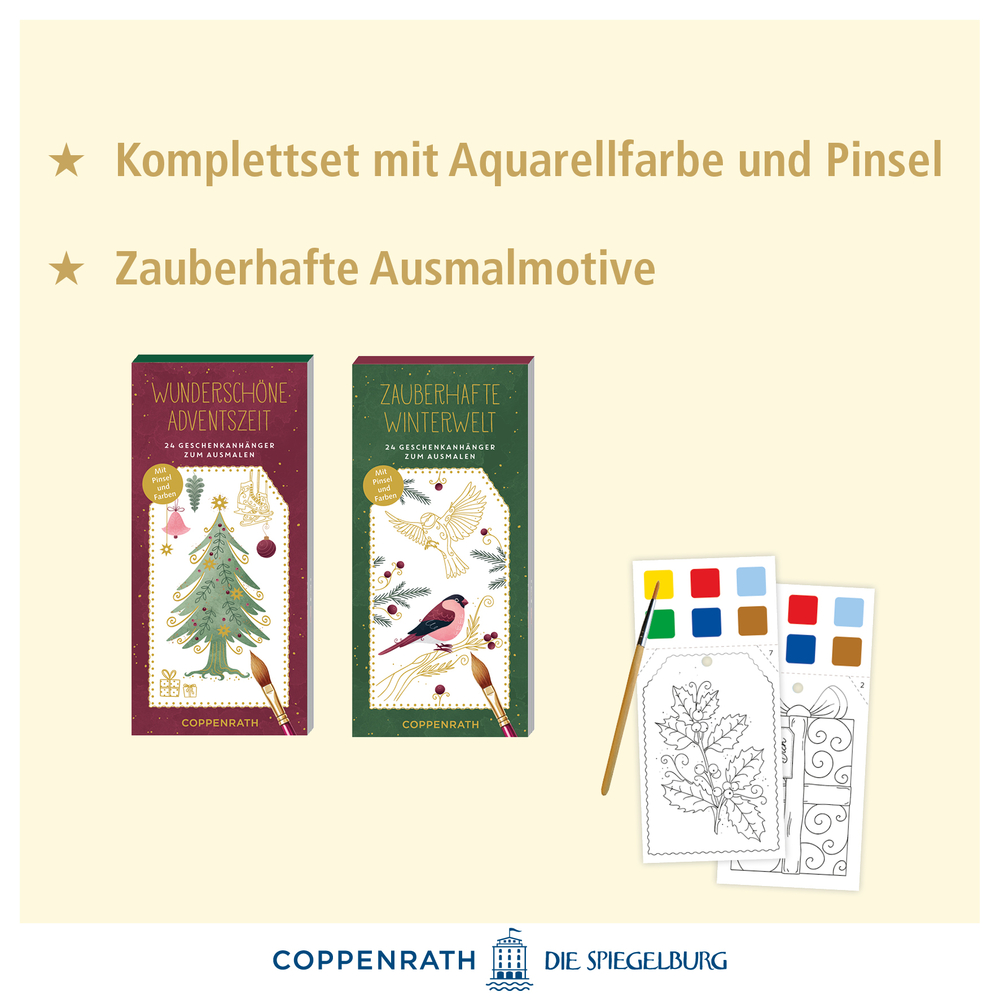 Zwei festliche Aquarellfarben-Sets mit Pinsel, Palette und illustrierten Malkarten.