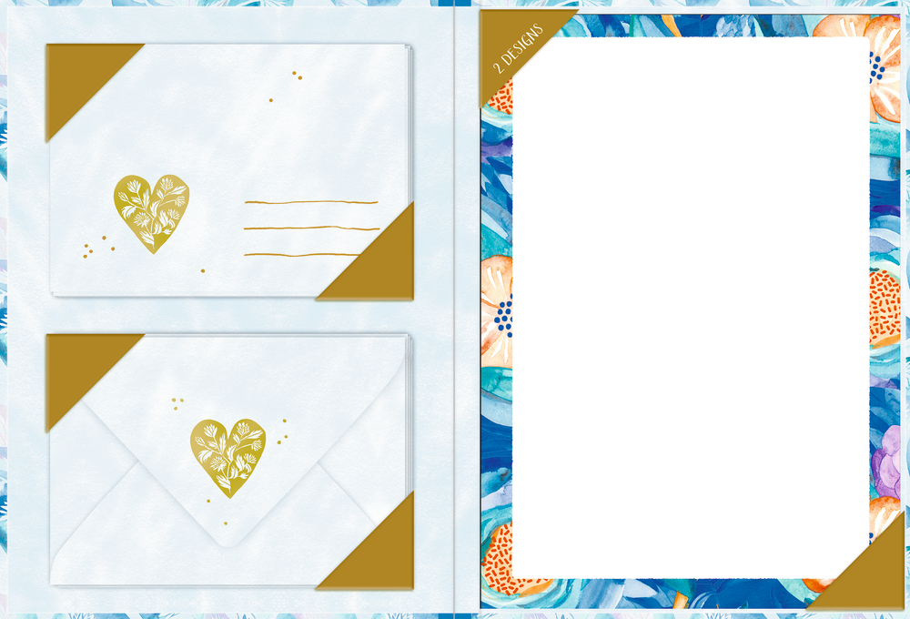 Aufgeschlagene Mappe: links zwei weißgoldene Umschläge mit Herzen, rechts blau verziertes Briefpapier.