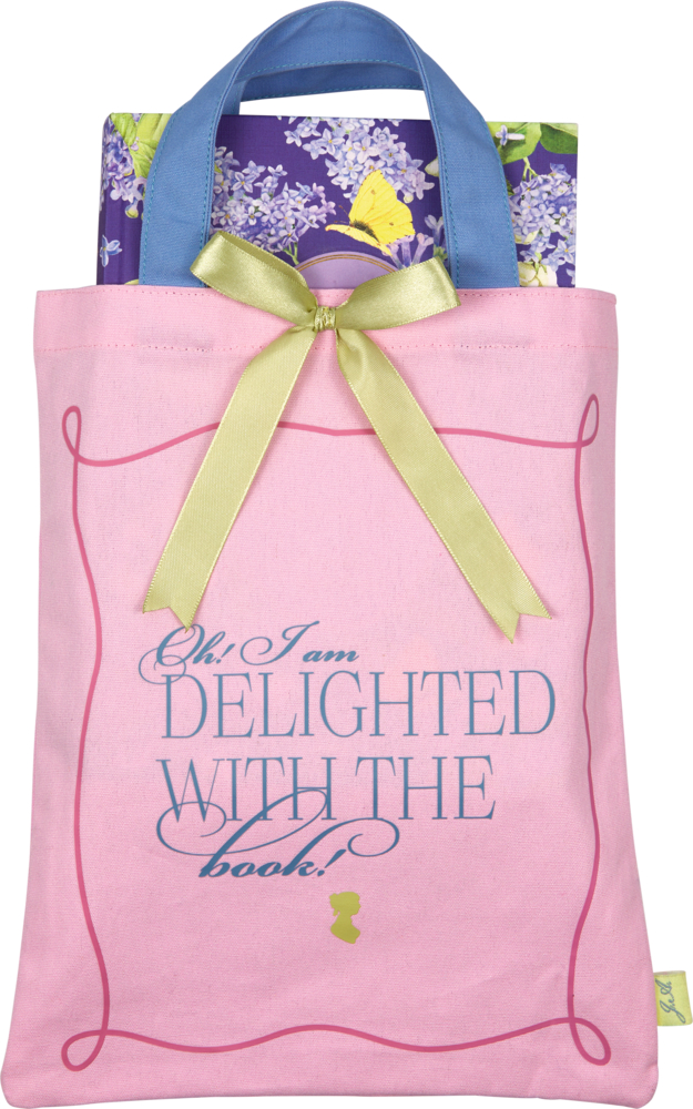 Rosafarbene Tasche mit hellgrüner Schleife und blauen Griffen sowie dem Schriftzug: „Oh! I am delighted with the book“.