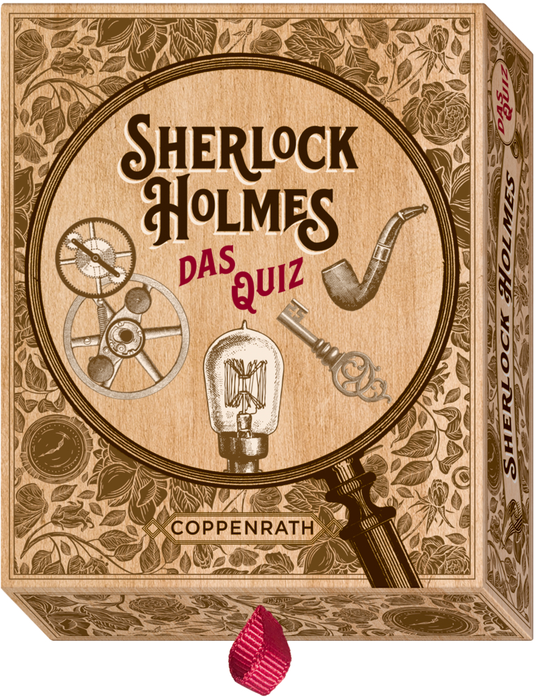 Sherlock Holmes - Das Quiz Holzschachtel mit Sherlock Holmes Das Quiz und Abbildungen von Pfeife, Schlüssel, Zahnrädern und Glühbirne auf dem Deckel.