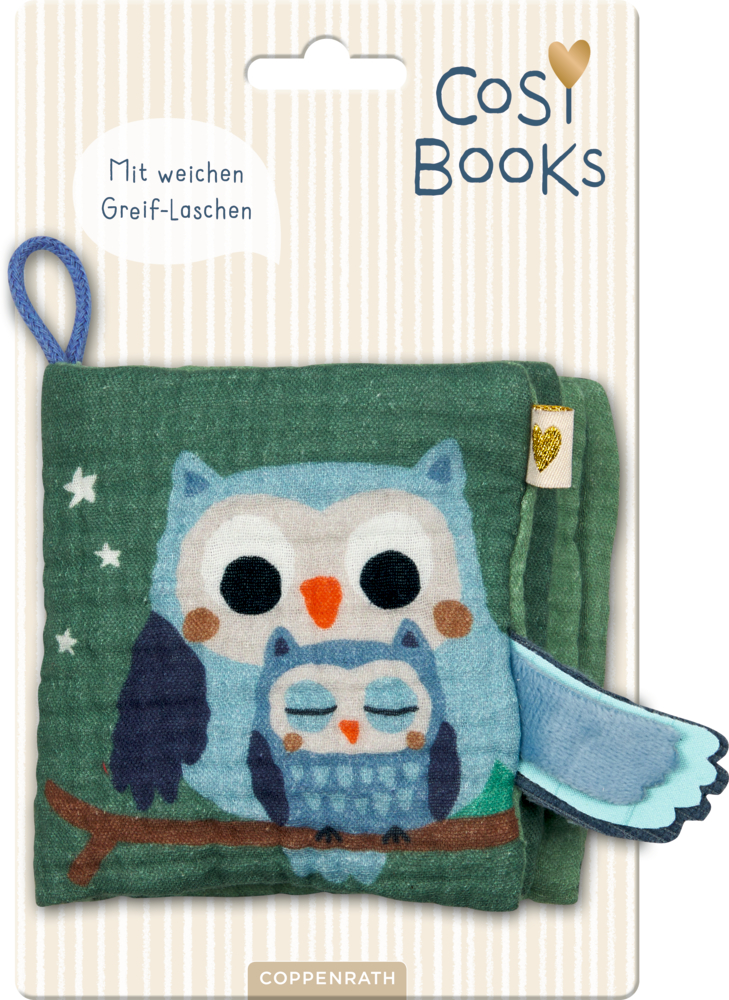 Grünes Babybuch mit zwei gezeichneten Eulen auf dem Umschlag und einem blauen Federtab rechts.