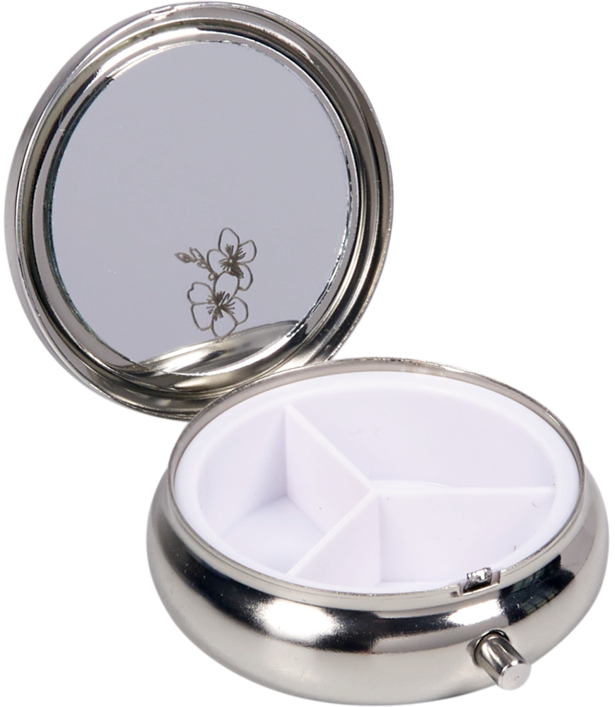 Runde silberne Dose mit Deckel und Spiegel mit kleinem Blumenmotiv, offene Innenansicht mit drei weißen Fächern.