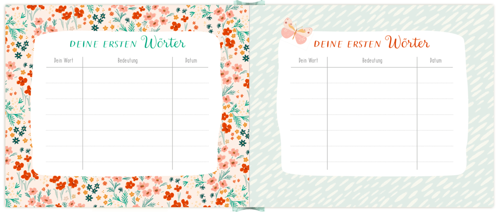 Zwei „Deine ersten Wörter“-Seiten mit Blumenmotiven und Tabellen für Wort, Bedeutung und Datum.