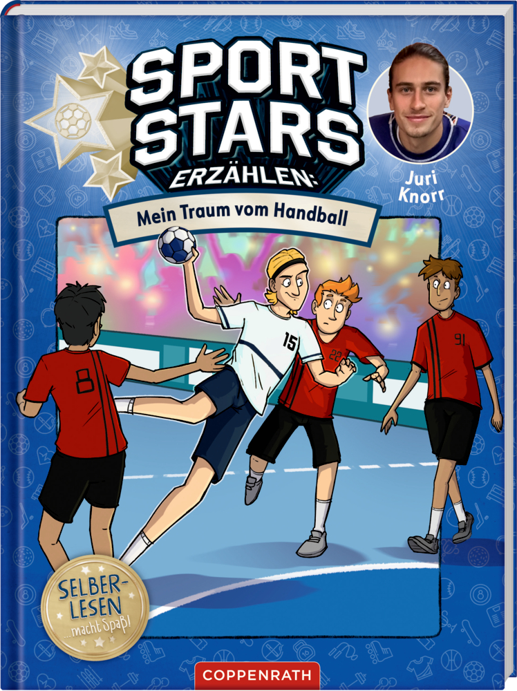Buchcover mit gezeichnetem Handballspieler im weißen Trikot, der zum Wurf springt, umgeben von Spielern in roten Trikots.