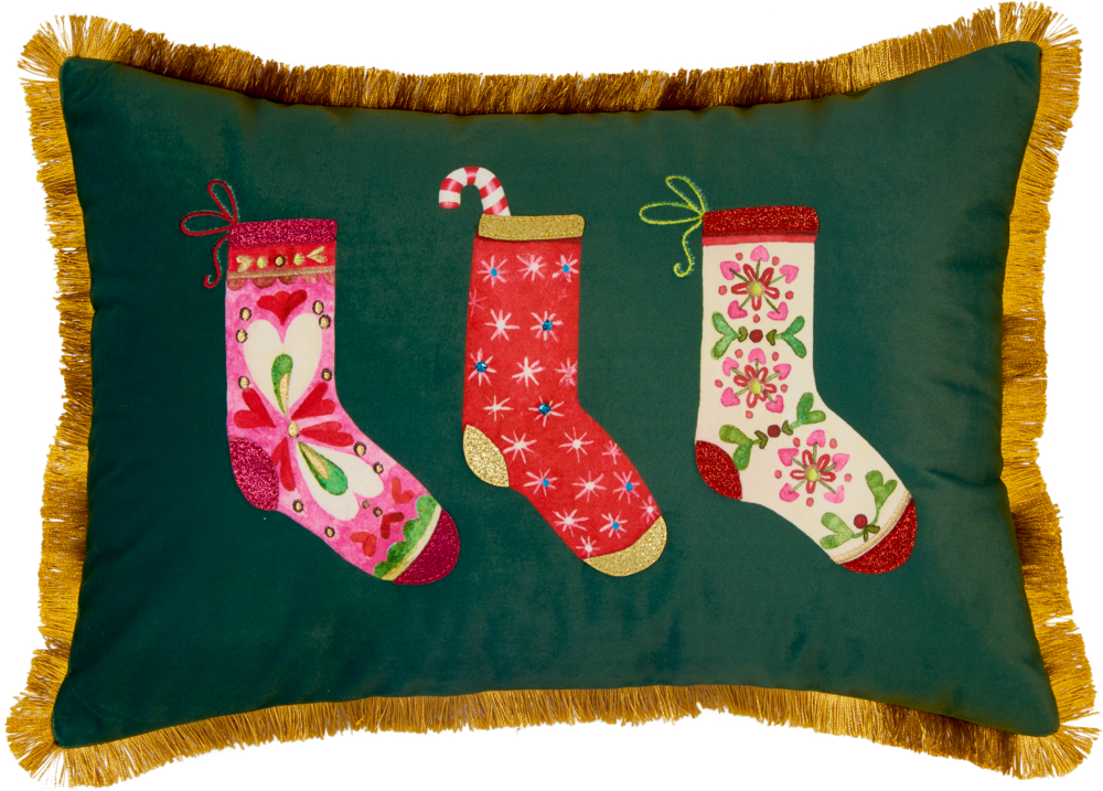 Kissen - Festliche Weihnachten (ca. 50x35 cm) Dunkelgrünes rechteckiges Kissen mit goldenen Fransen und drei bunten Weihnachtsstrümpfen in der Mitte.