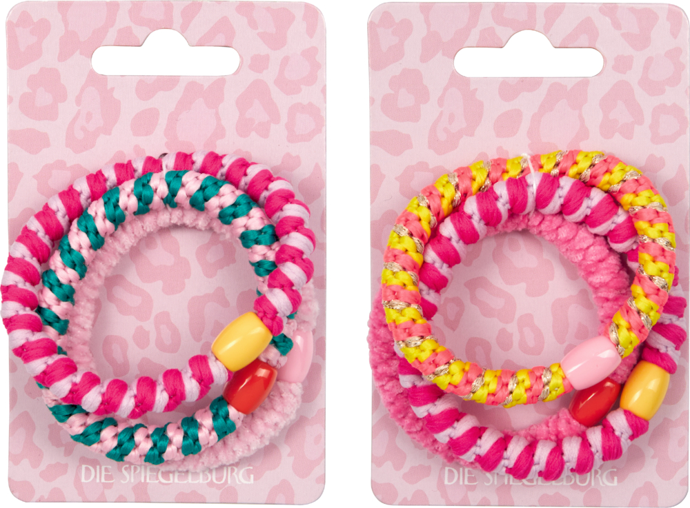 Zwei Sets mit jeweils drei bunten Haargummis in Spiralform mit Perlen, jedes Set auf einer Displaykarte mit rosa Leopardenmuster.