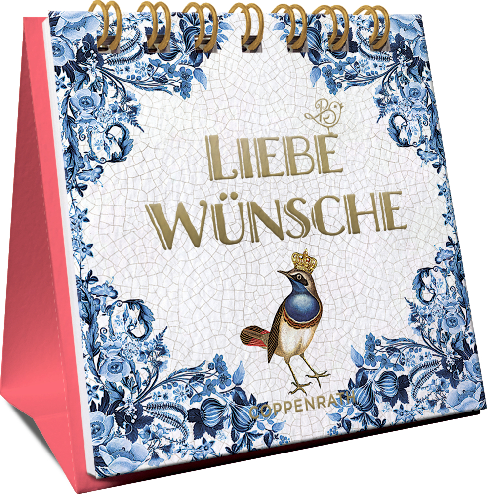 Mini-Spiralaufsteller: Liebe Wünsche (B. Behr) Spiralaufsteller in einer seitlichen Perspektive mit blauem Blumenmuster, gekröntem Vogel und „Liebe Wünsche“ auf dem Cover.