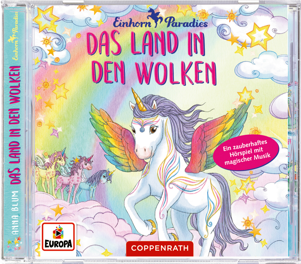 CD Hörspiel: Einhorn-Paradies (Band 6)  Das Land in den Wolken Buntes CD-Cover: Einhorn, Regenbogen, Wolken; Titel lautet „Das Land in den Wolken“.