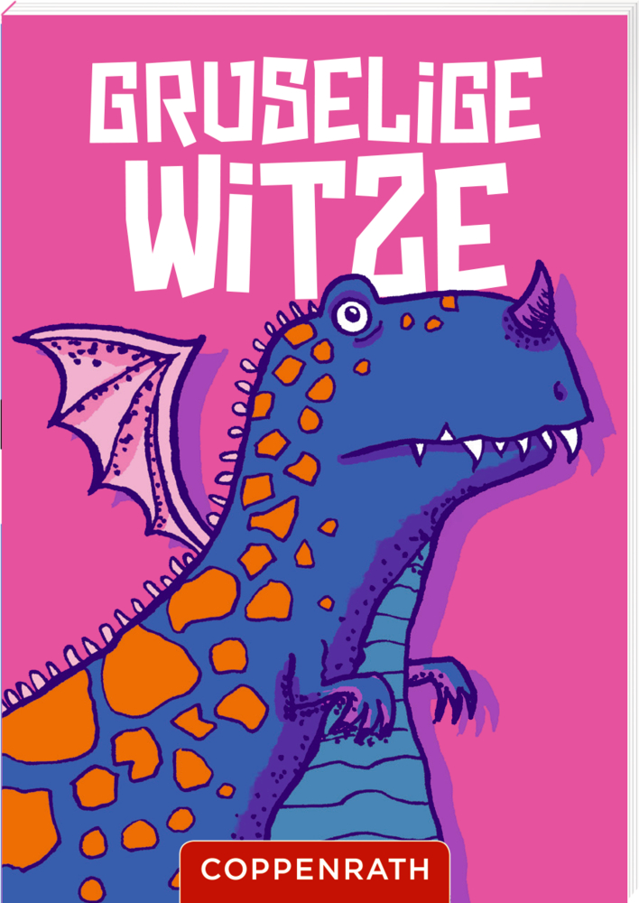 Blau-oranger Drache mit Flügeln auf rosa Hintergrund, Text: „Gruselige Witze.
