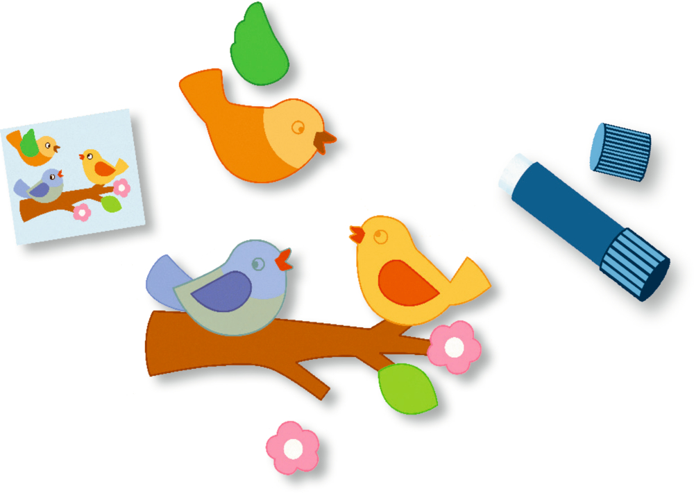 Bunte Papiervögel, Blumen, ein Klebestift und eine Vorlage liegen auf einer Fläche.