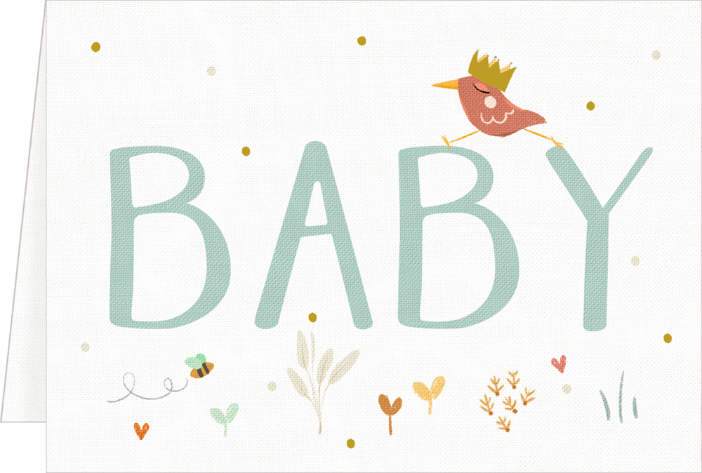 Baby, Mini-Grußkarte - Willkommen Aufrecht stehende Klappkarte: Hellblauer „BABY“-Schriftzug; Vogel mit Krone auf dem Y, umgeben von Herzen und Pflanzen.