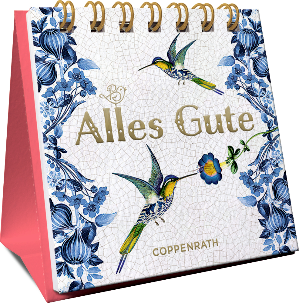 Mini-Spiralaufsteller: Alles Gute (B. Behr) Spiralaufsteller in der seitlicen Ansicht mit „Alles Gute“, blauen Blumen und zwei bunten Kolibris auf dem Cover.