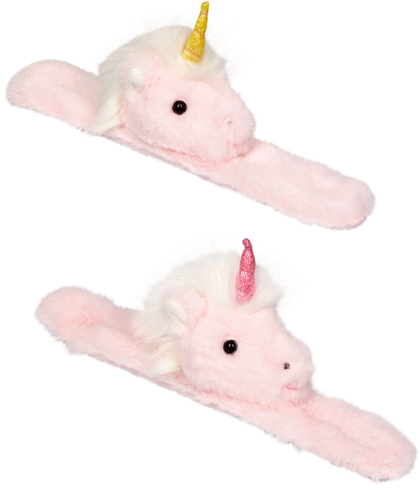 Schnapp-Armband Einhorn - Einhorn-Paradies Zwei rosa Plüsch-Einhorn-Schlagarmbänder mit glitzernden Hörnern – eines golden, eines rosa.